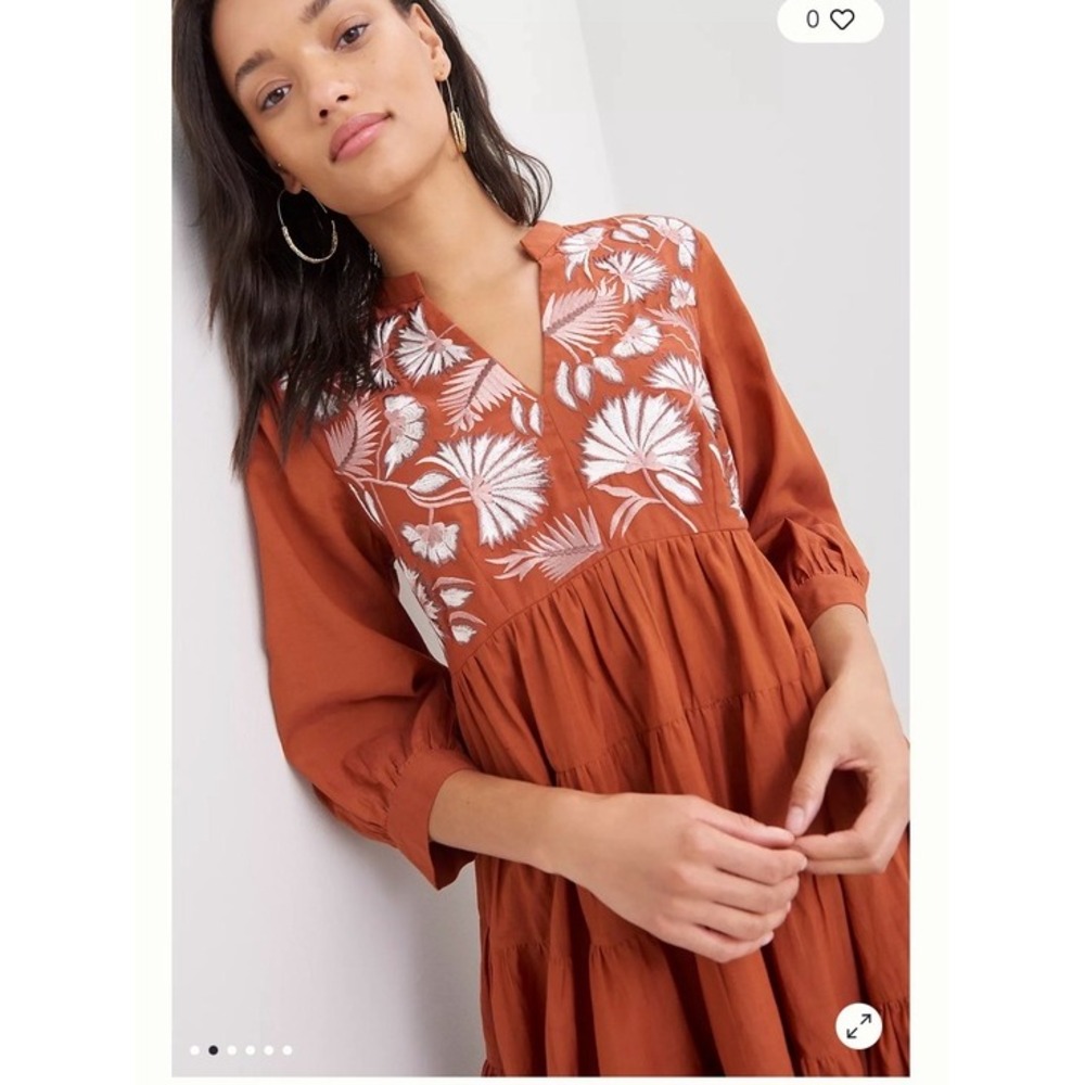 Anthropologie Samant Chauhan Rust Orange Embroidered Tiered Mini Dress Boho